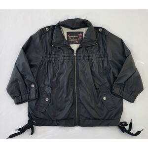 Eddie Bauer Jacket Womens Large Black Bomber Tie 3/4 Sleeve Hooded Windbreaker